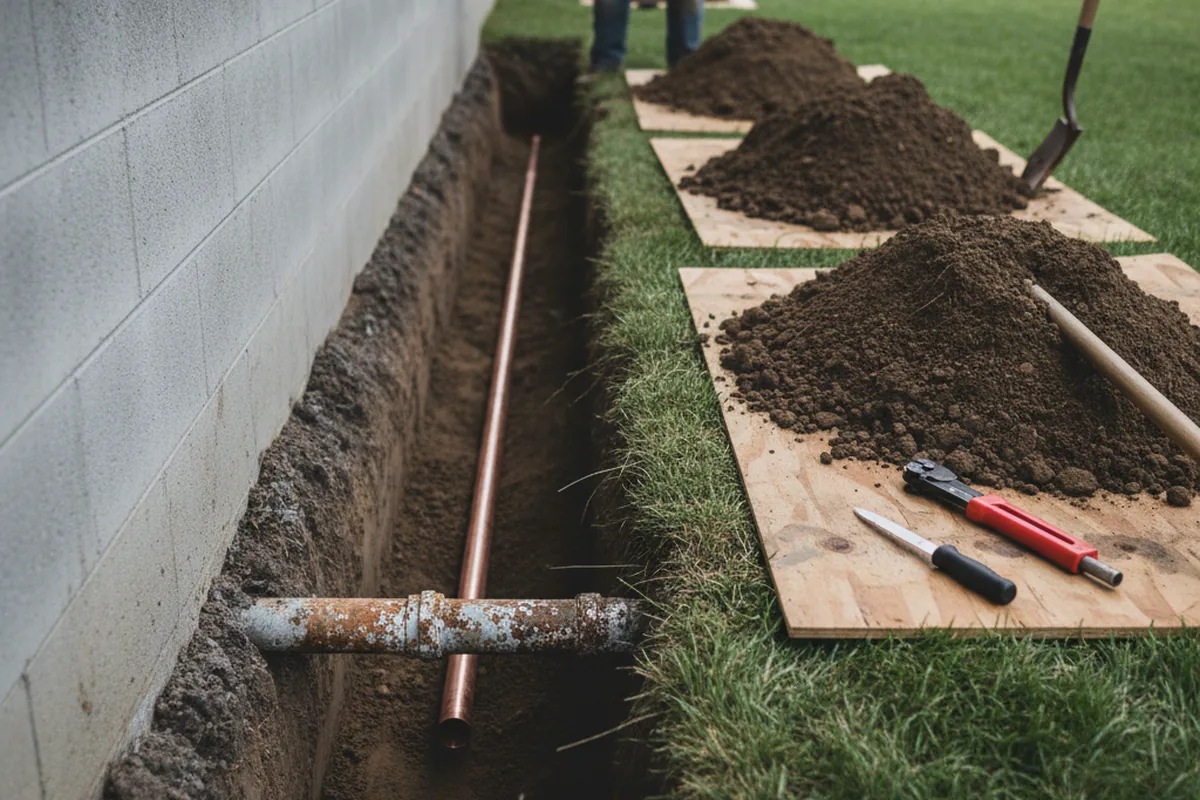 Excavated water line trench during Water Softener Installation in Portland
